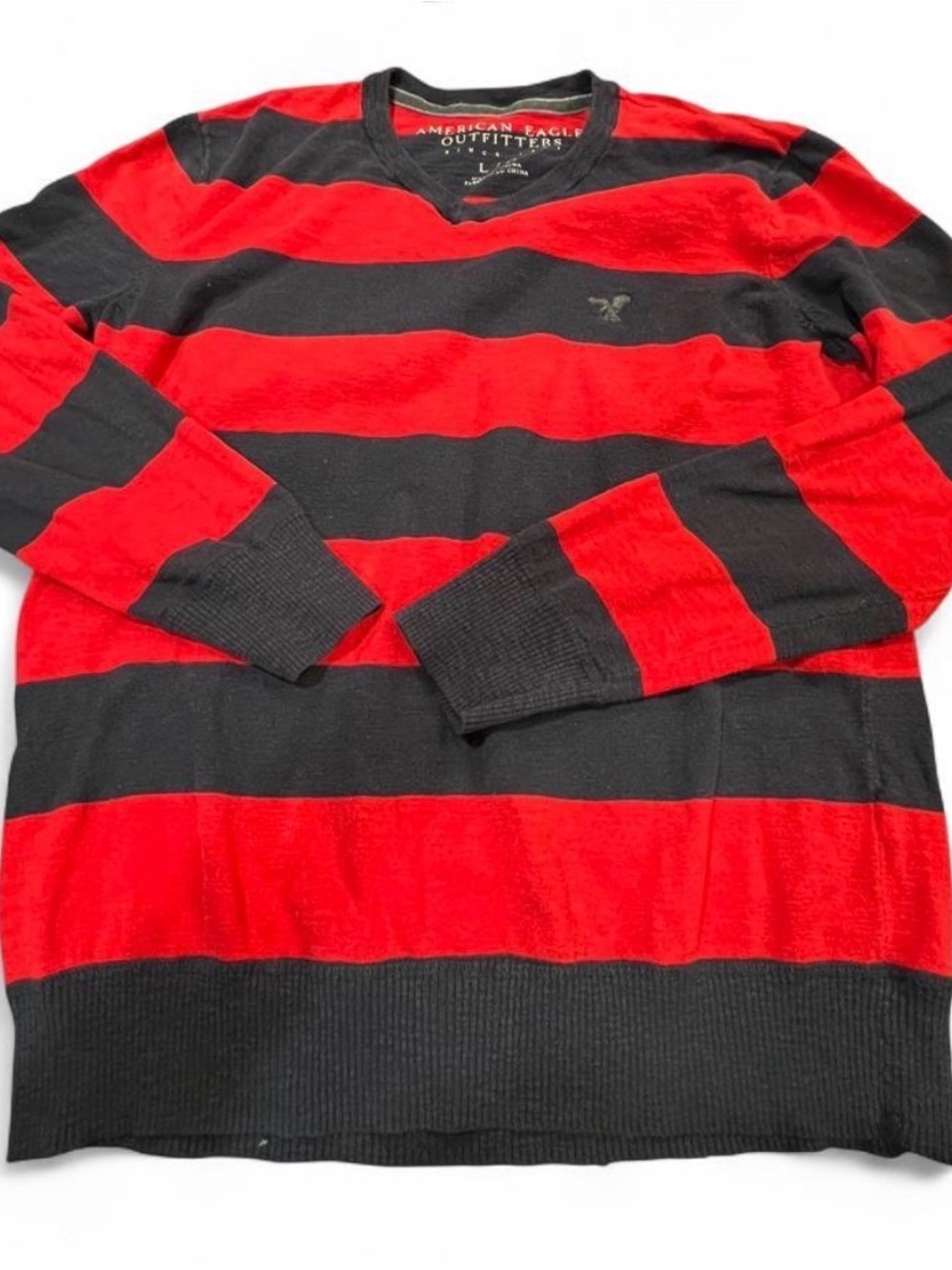 American Eagle Outfitters Red and Navy Striped V-Neck Pullover